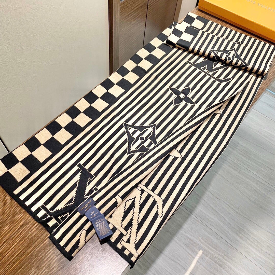 LV Unisex Scarf 180cm Black Beige Fabric 968478