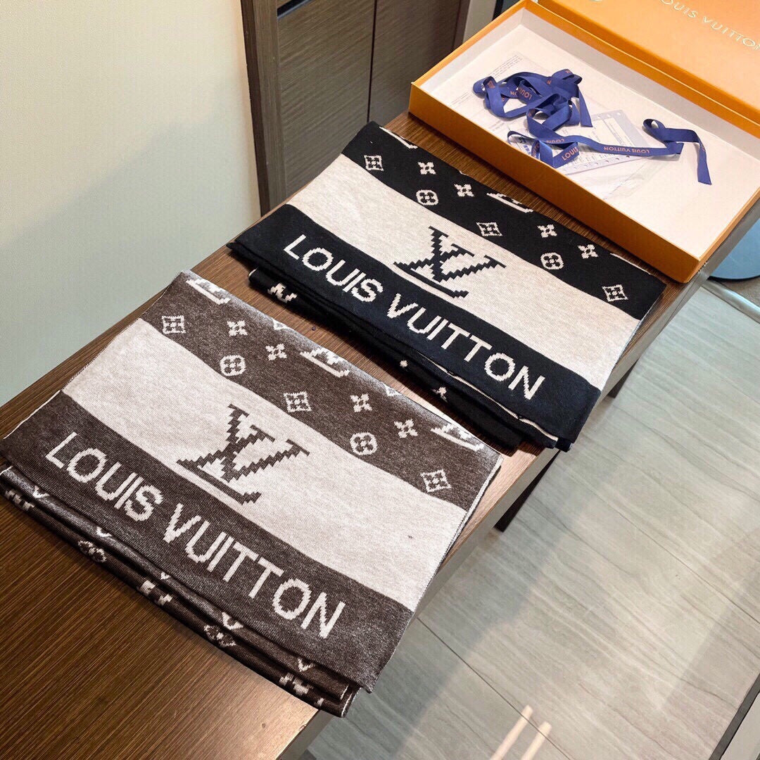 LV  25s Scarf 200cm Black Light Gray Cashmere 973132