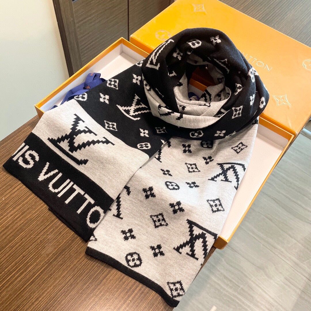 LV  25s Scarf 200cm Black Light Gray Cashmere 973132