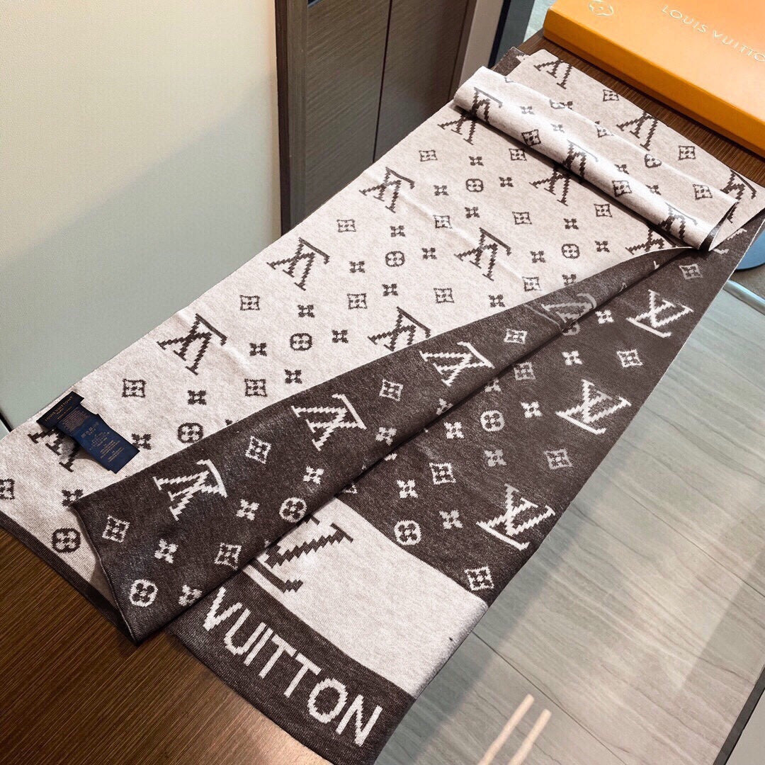 LV  25s Scarf 200cm Brown Light Gray Cashmere 973133