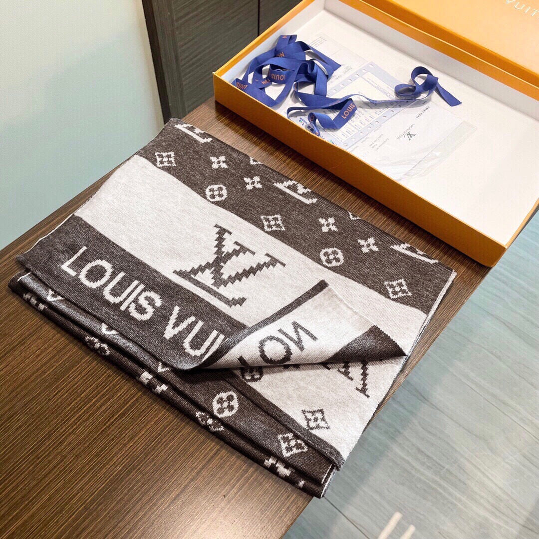 LV  25s Scarf 200cm Brown Light Gray Cashmere 973133