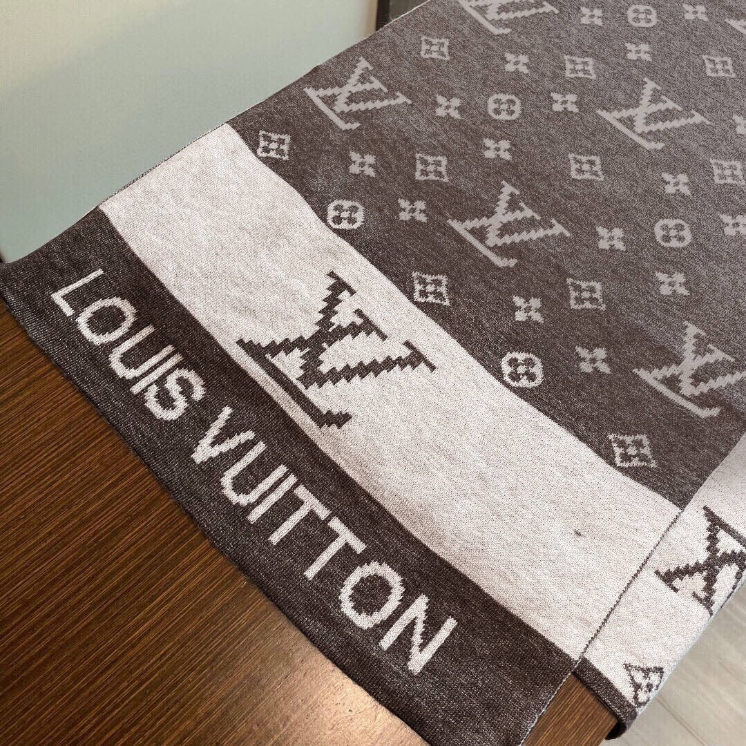 LV  25s Scarf 200cm Brown Light Gray Cashmere 973133
