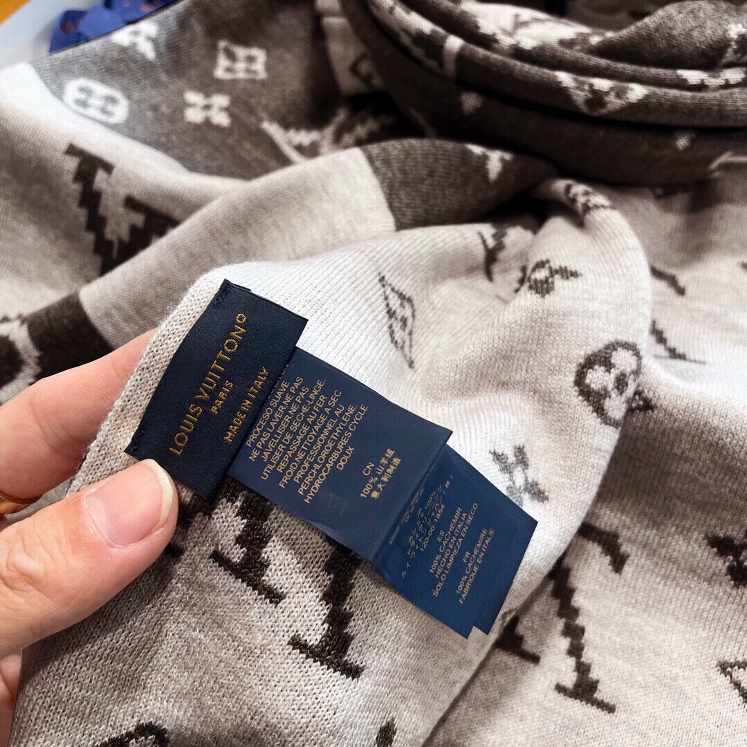 LV  25s Scarf 200cm Brown Light Gray Cashmere 973133