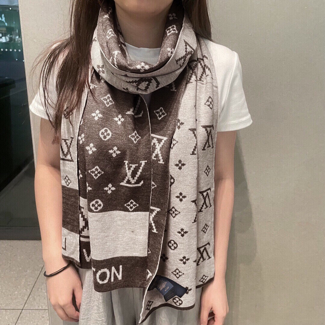 LV  25s Scarf 200cm Brown Light Gray Cashmere 973133