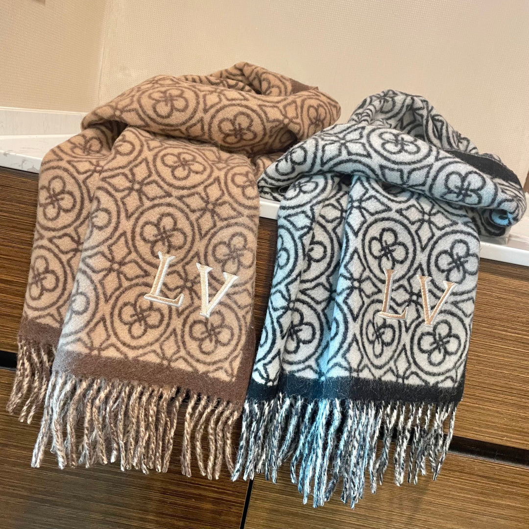 LV  25s Scarf 200cm Black White Woolen 973137