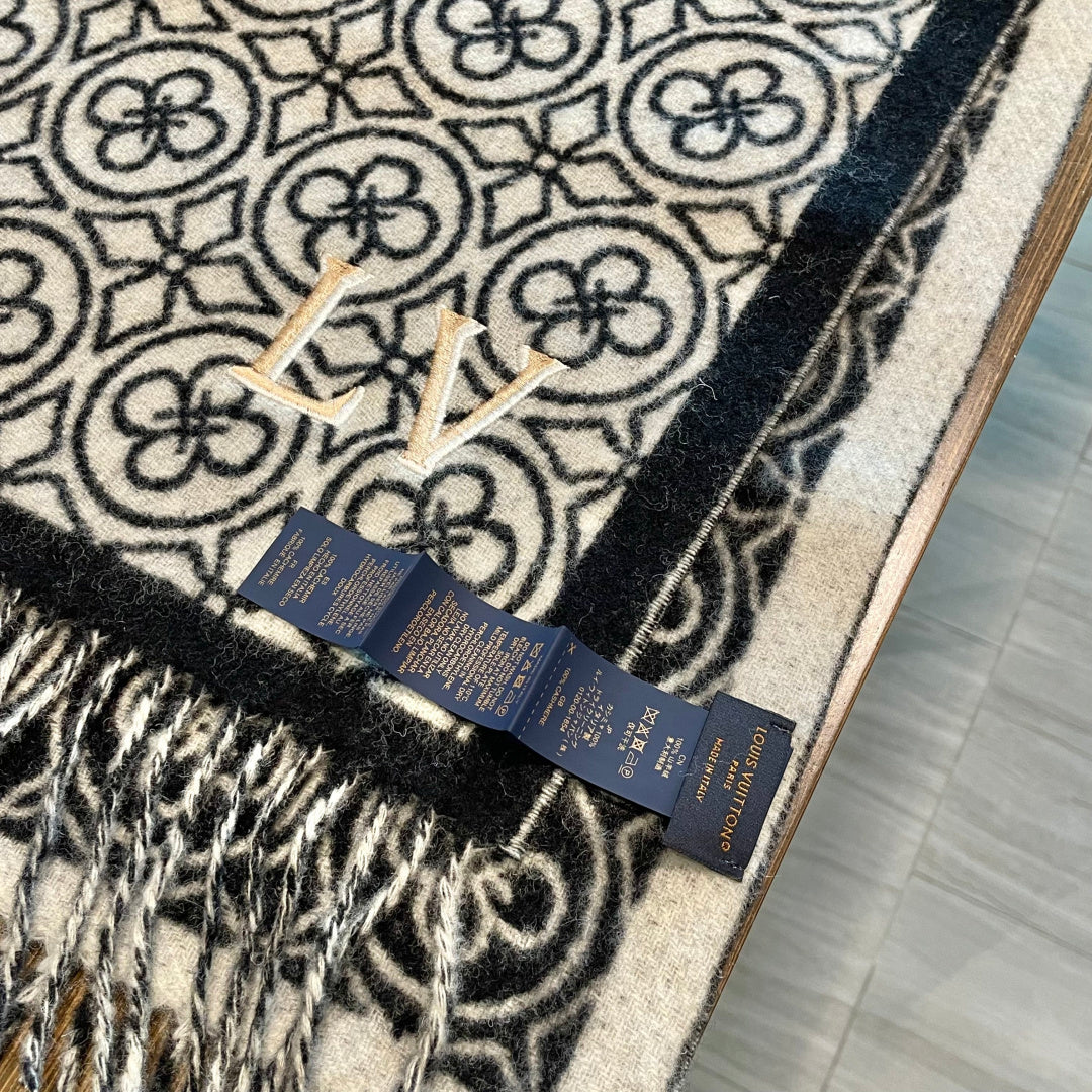 LV  25s Scarf 200cm Black White Woolen 973137