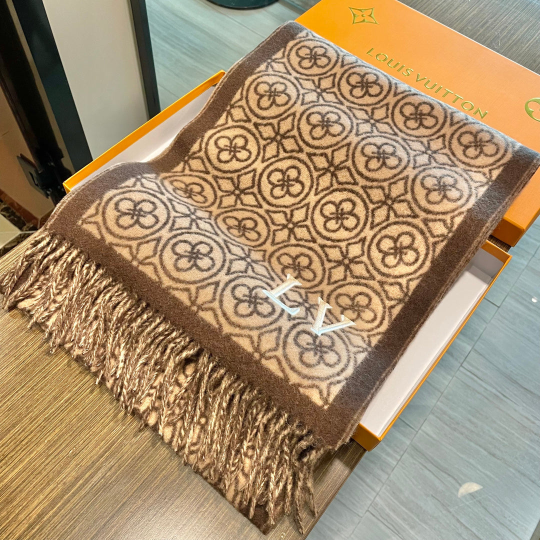 LV  25s Scarf 200cm Brown Beige Woolen 973138