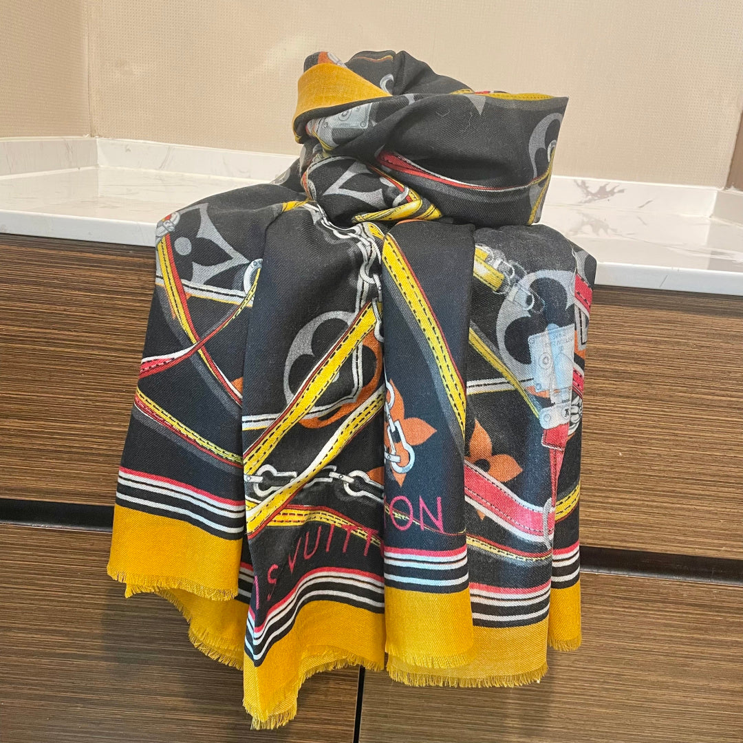LV Long Scarf 200cm Yellow Black Cashmere 973164