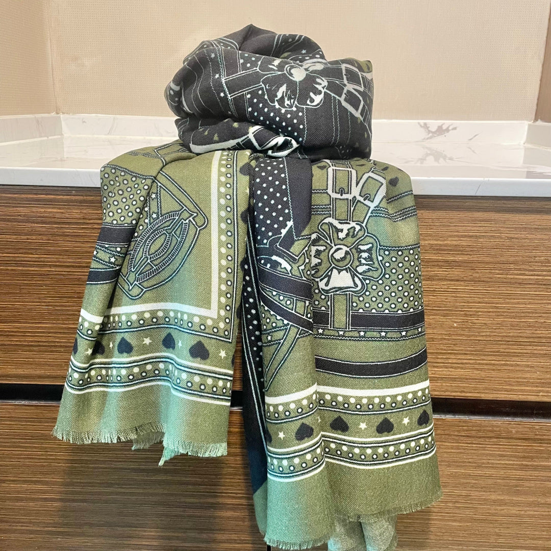 LV Long Scarf 200cm Green Black Cashmere 973163