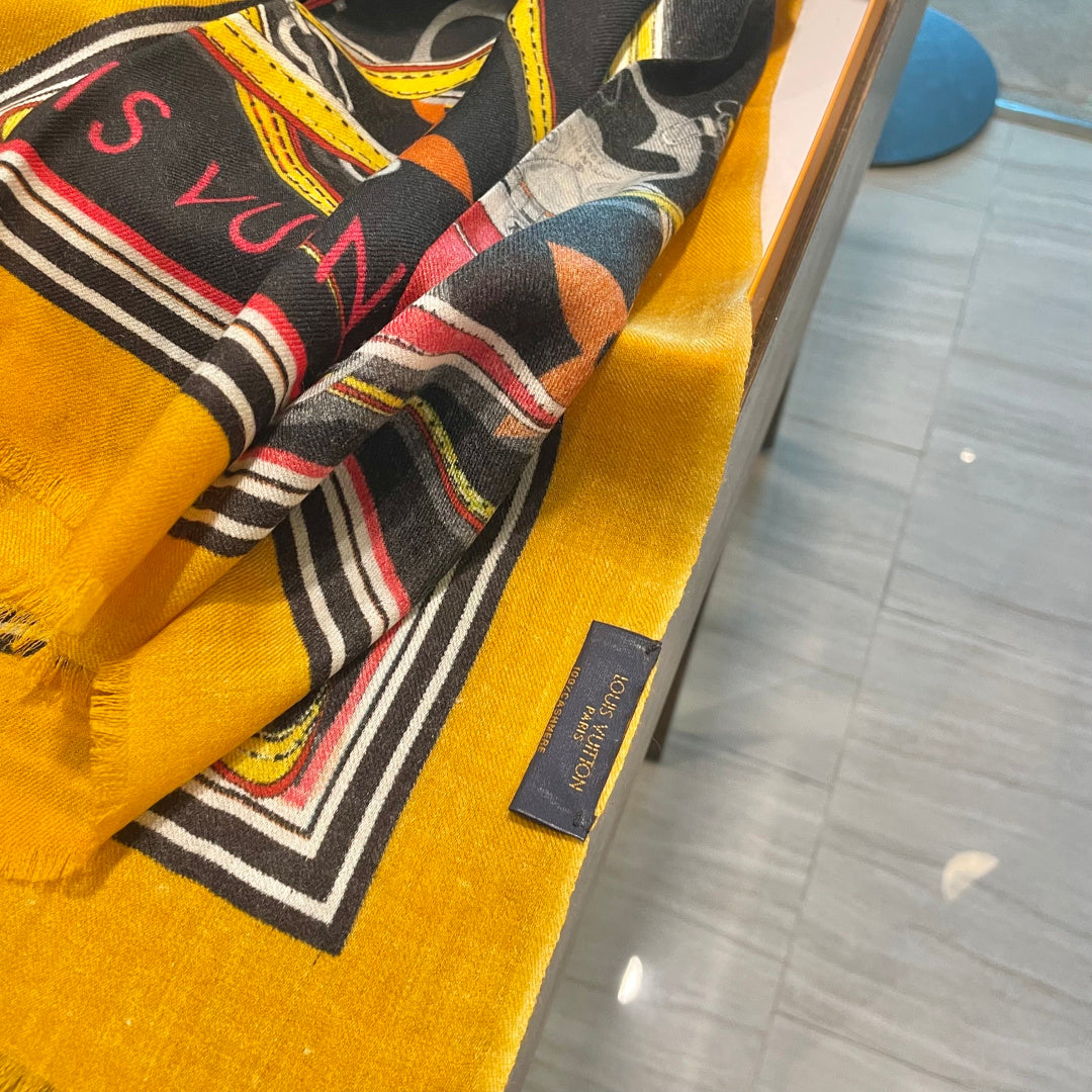 LV Long Scarf 200cm Yellow Black Cashmere 973164