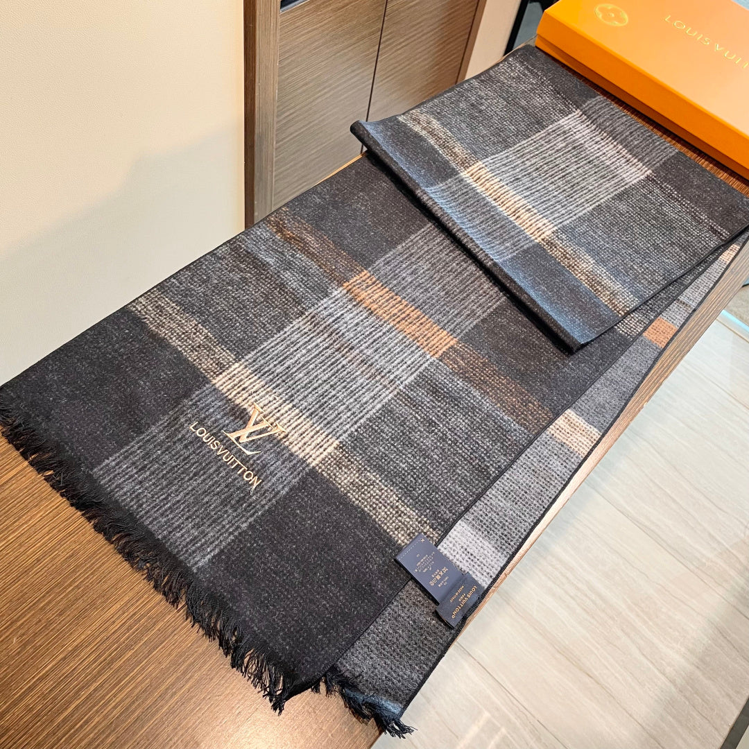 LV Scarf 180cm Black Gray Wool Cashmere 976830