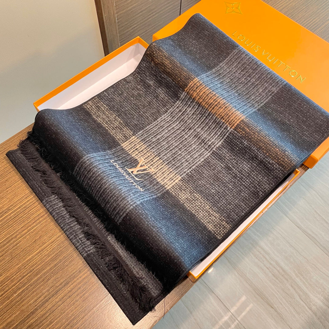 LV Scarf 180cm Black Gray Wool Cashmere 976830