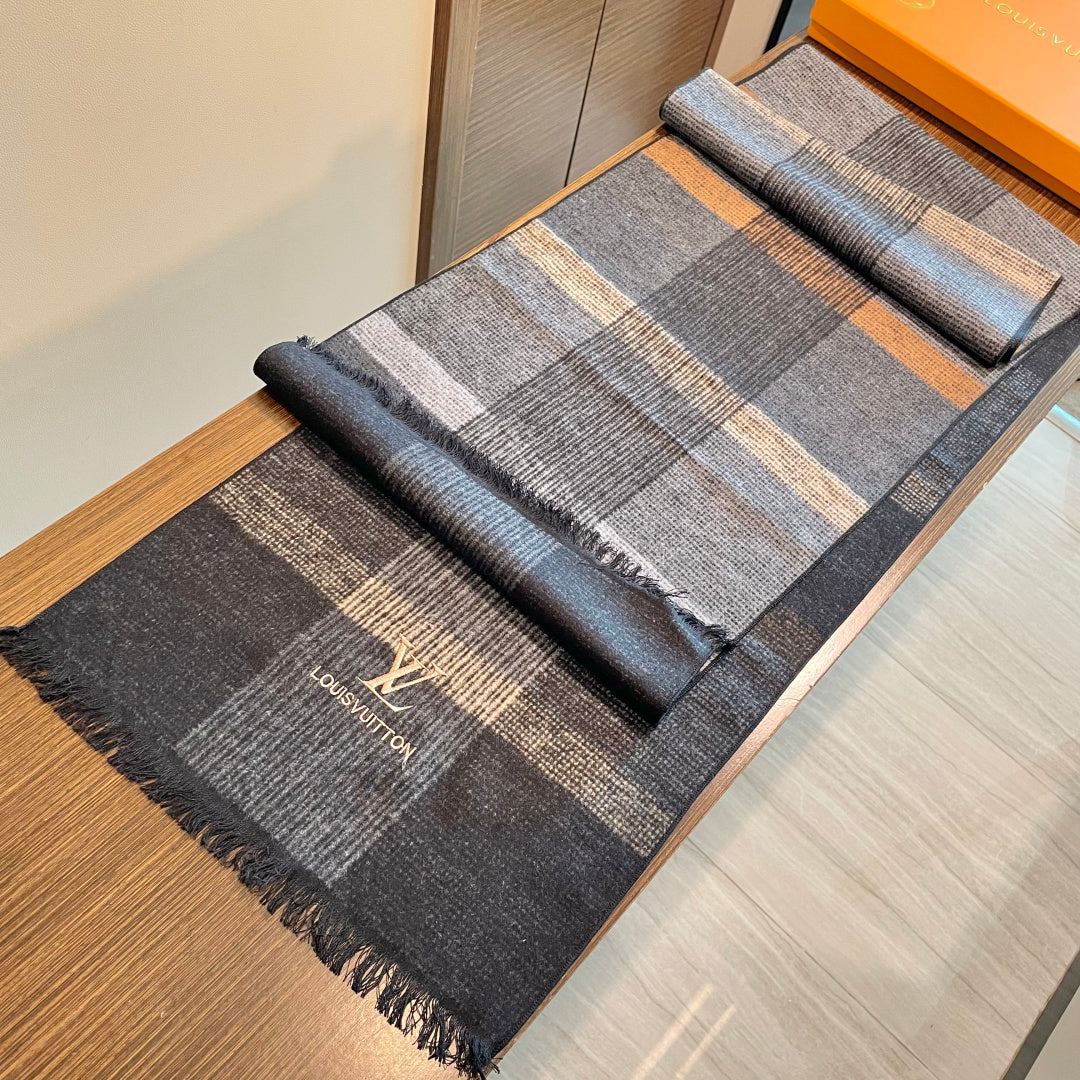 LV Scarf 180cm Black Gray Wool Cashmere 976830