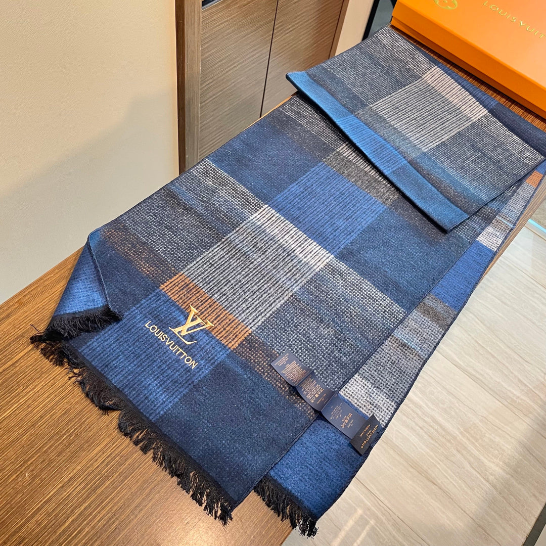 LV Scarf 180cm Blue Gray Wool Cashmere 976832