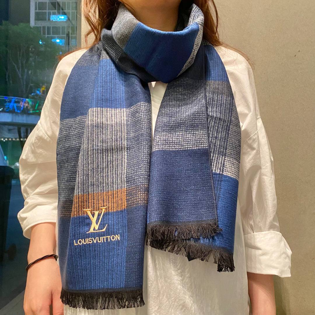LV Scarf 180cm Blue Gray Wool Cashmere 976832