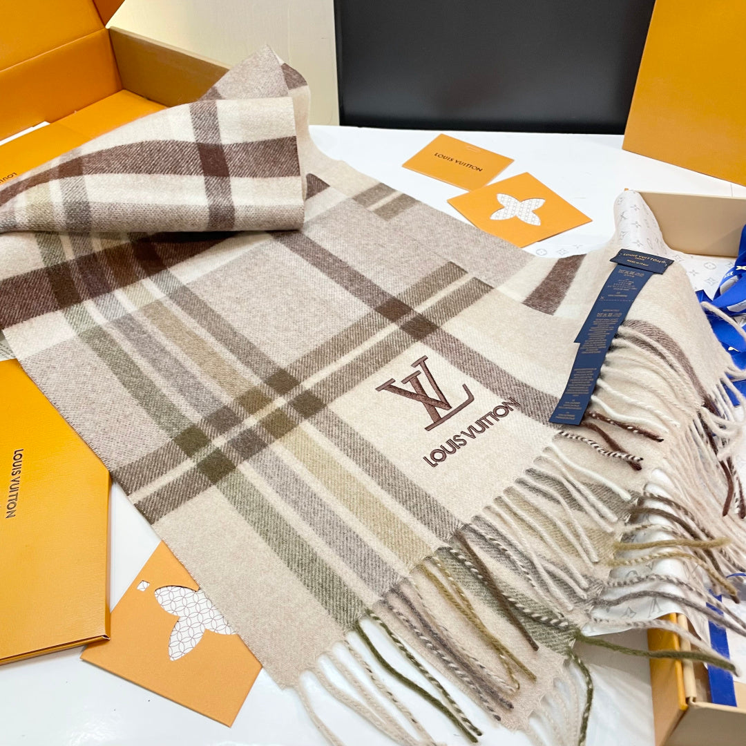 LV Scarf 180cm Beige Brown Wool Cashmere 976836