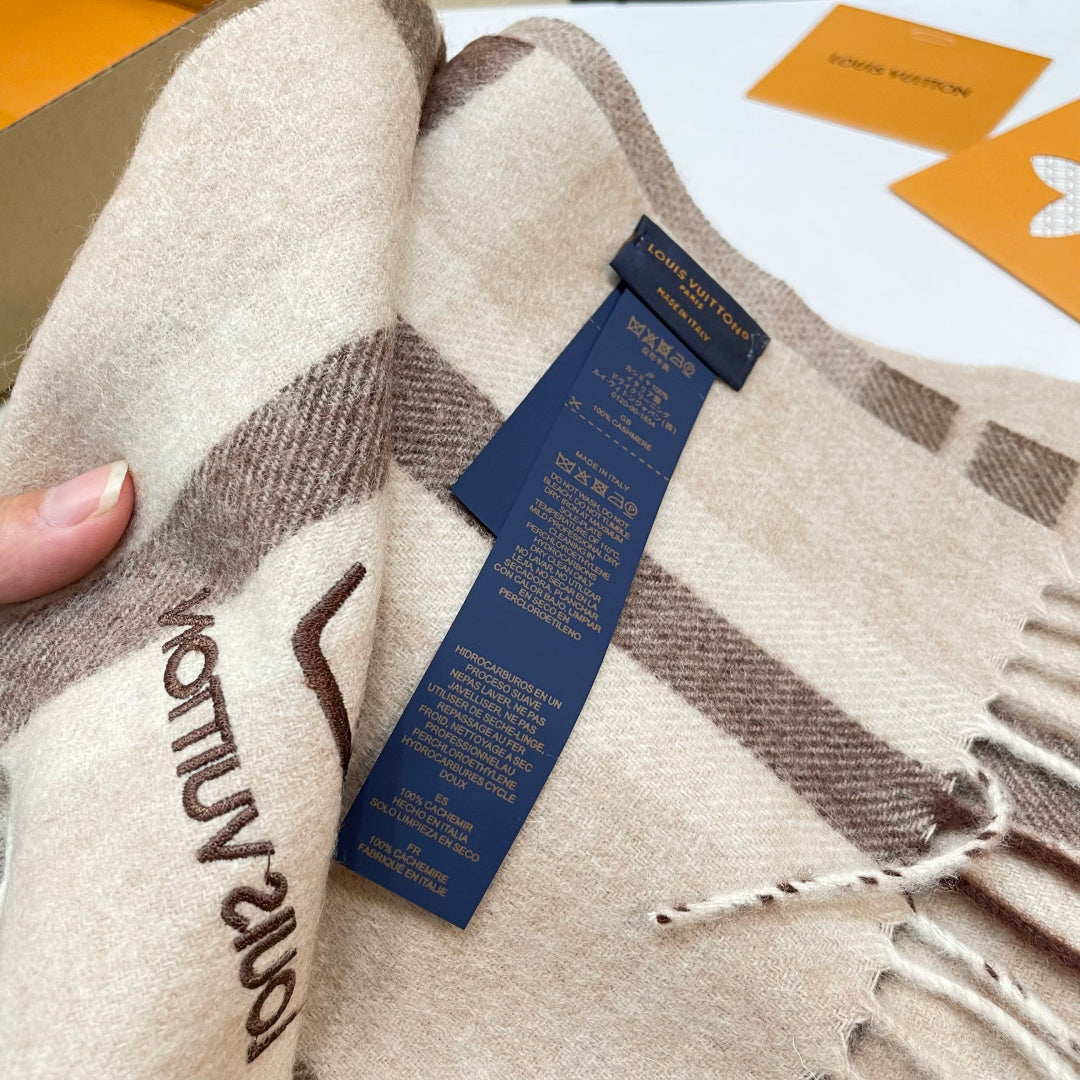 LV Scarf 180cm Beige Brown Wool Cashmere 976836