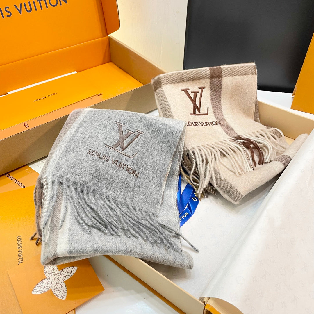 LV Scarf 180cm Beige Brown Wool Cashmere 976836