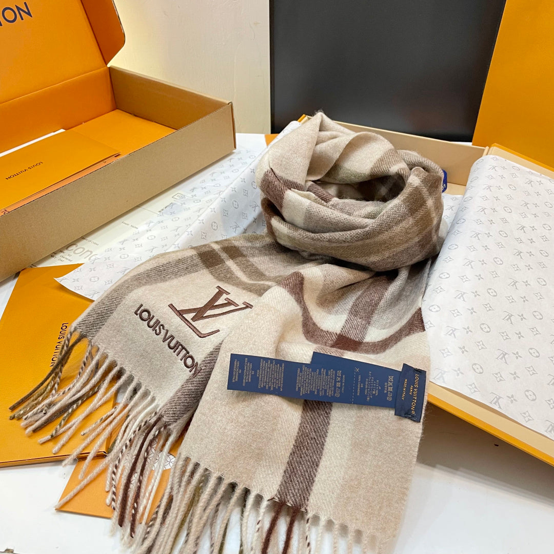 LV Scarf 180cm Beige Brown Wool Cashmere 976836