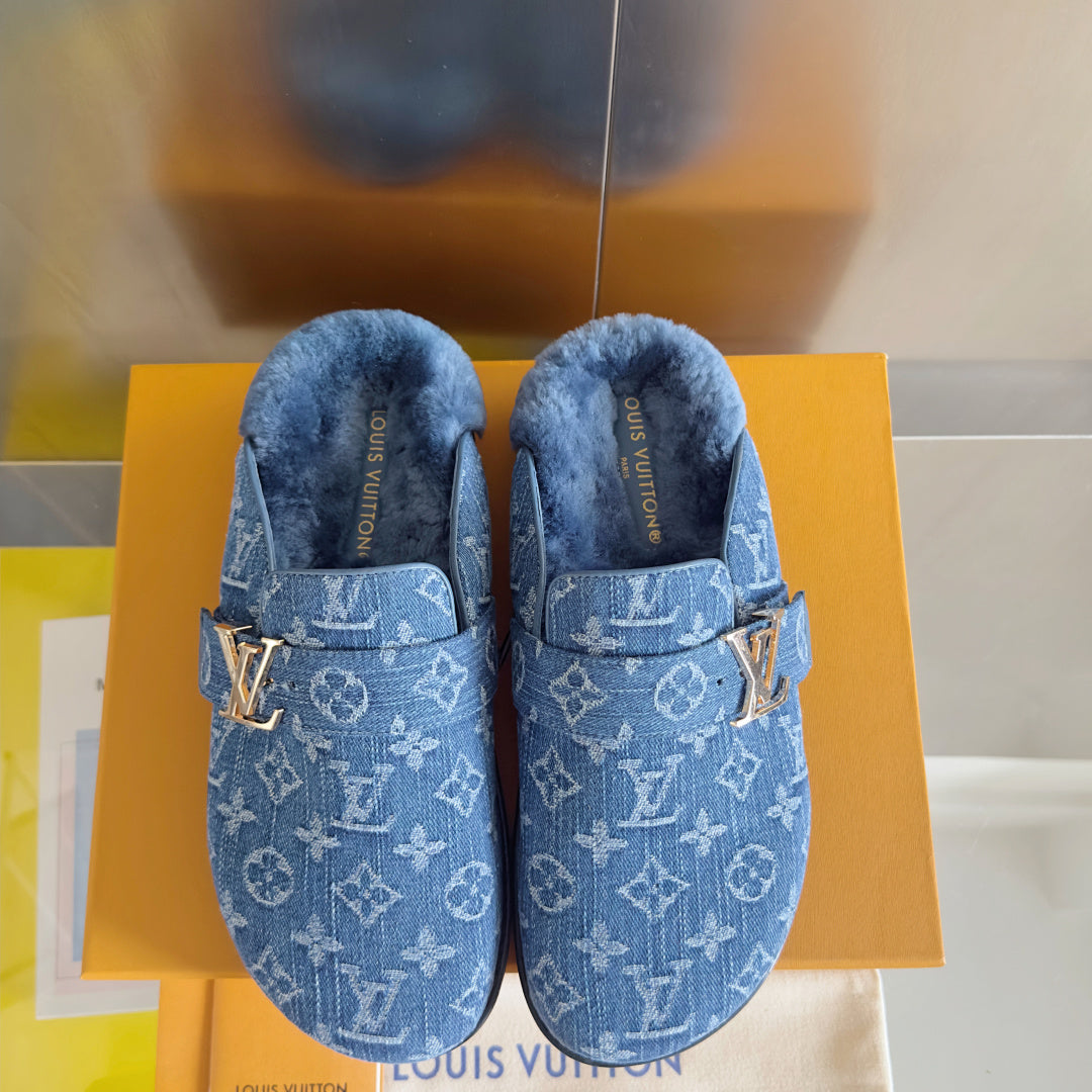 LV 25 Birkenstock Platform Slippers Blue Denim Wool 576213