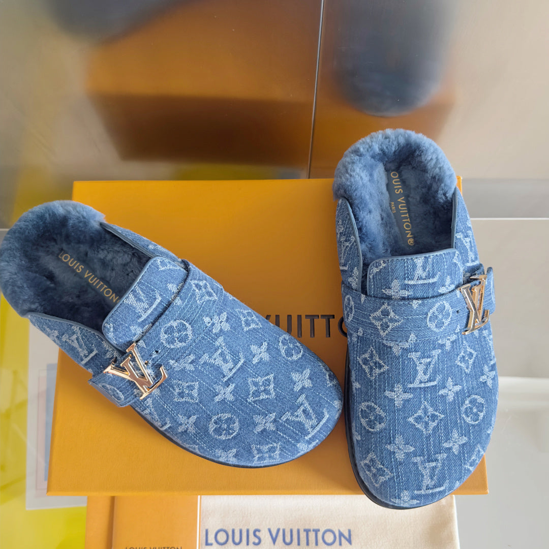 LV 25 Birkenstock Platform Slippers Blue Denim Wool 576213