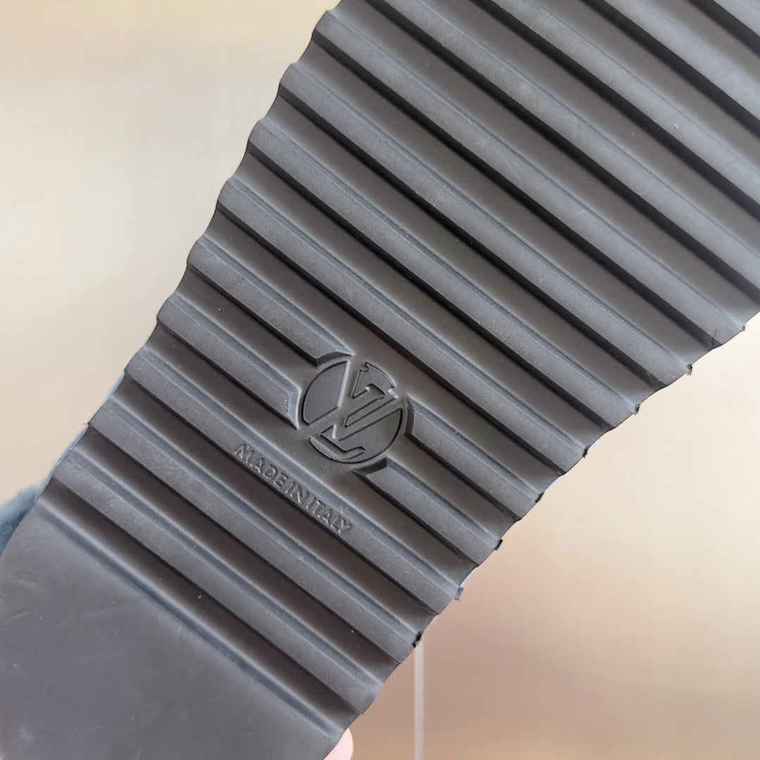 LV 25 Birkenstock Platform Slippers Blue Denim Wool 576213