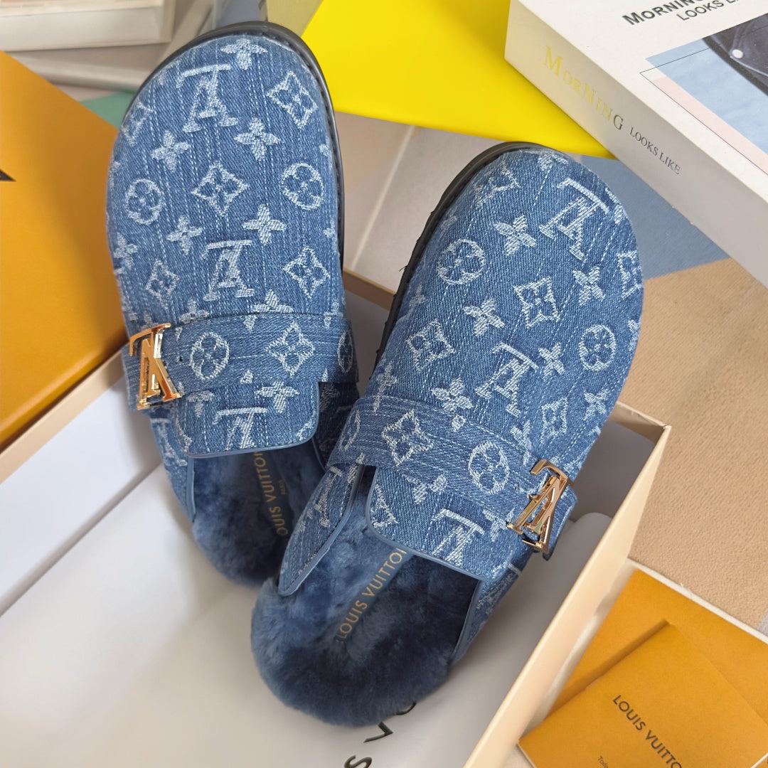 LV 25 Birkenstock Platform Slippers Blue Denim Wool 576213