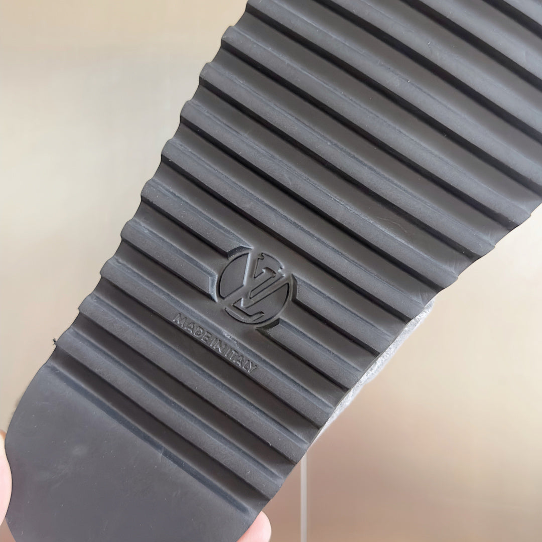 LV 25 Birkenstock Platform Slippers Gray Denim Wool 576214