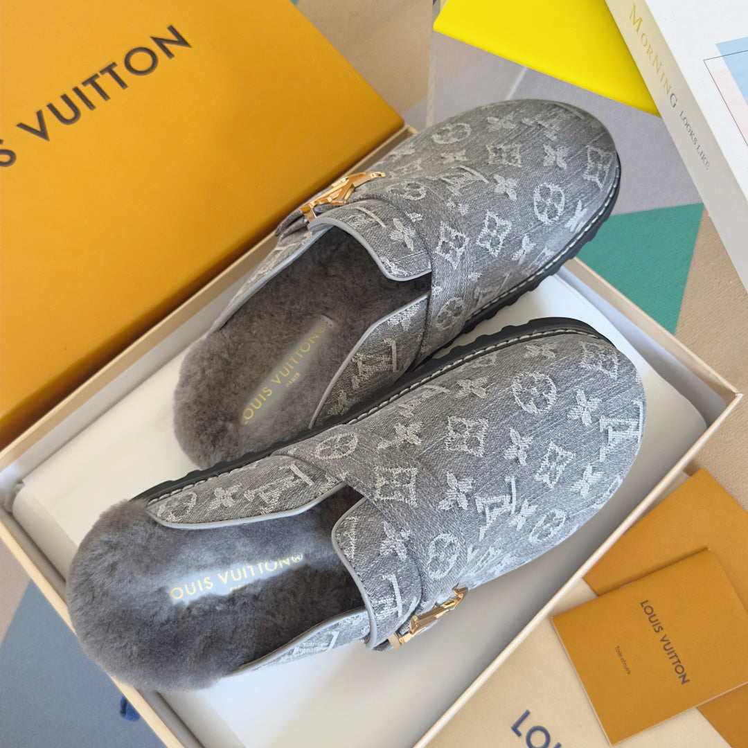 LV 25 Birkenstock Platform Slippers Gray Denim Wool 576214