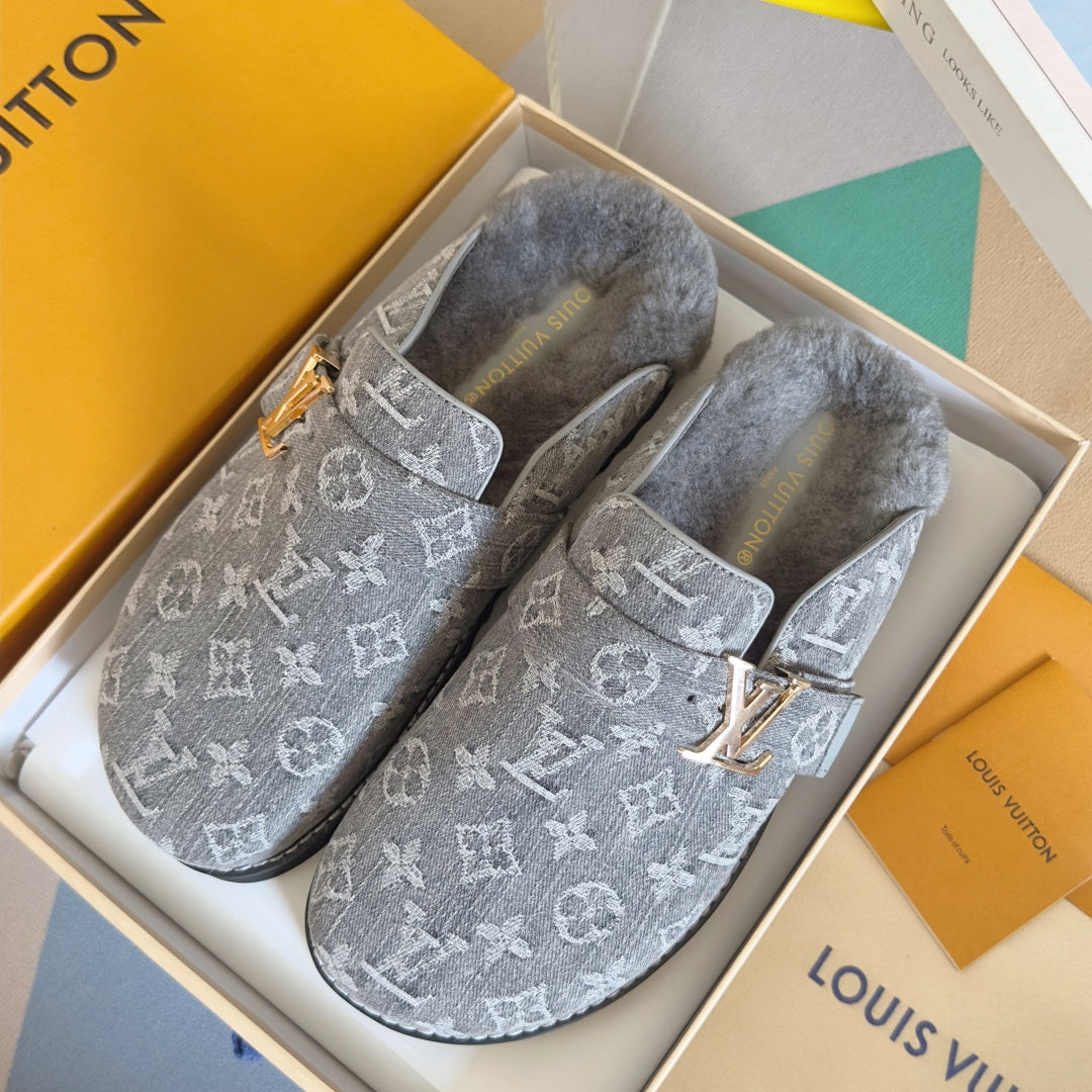 LV 25 Birkenstock Platform Slippers Gray Denim Wool 576214
