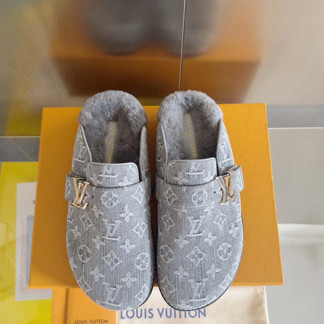 LV 25 Birkenstock Platform Slippers Gray Denim Wool 576214