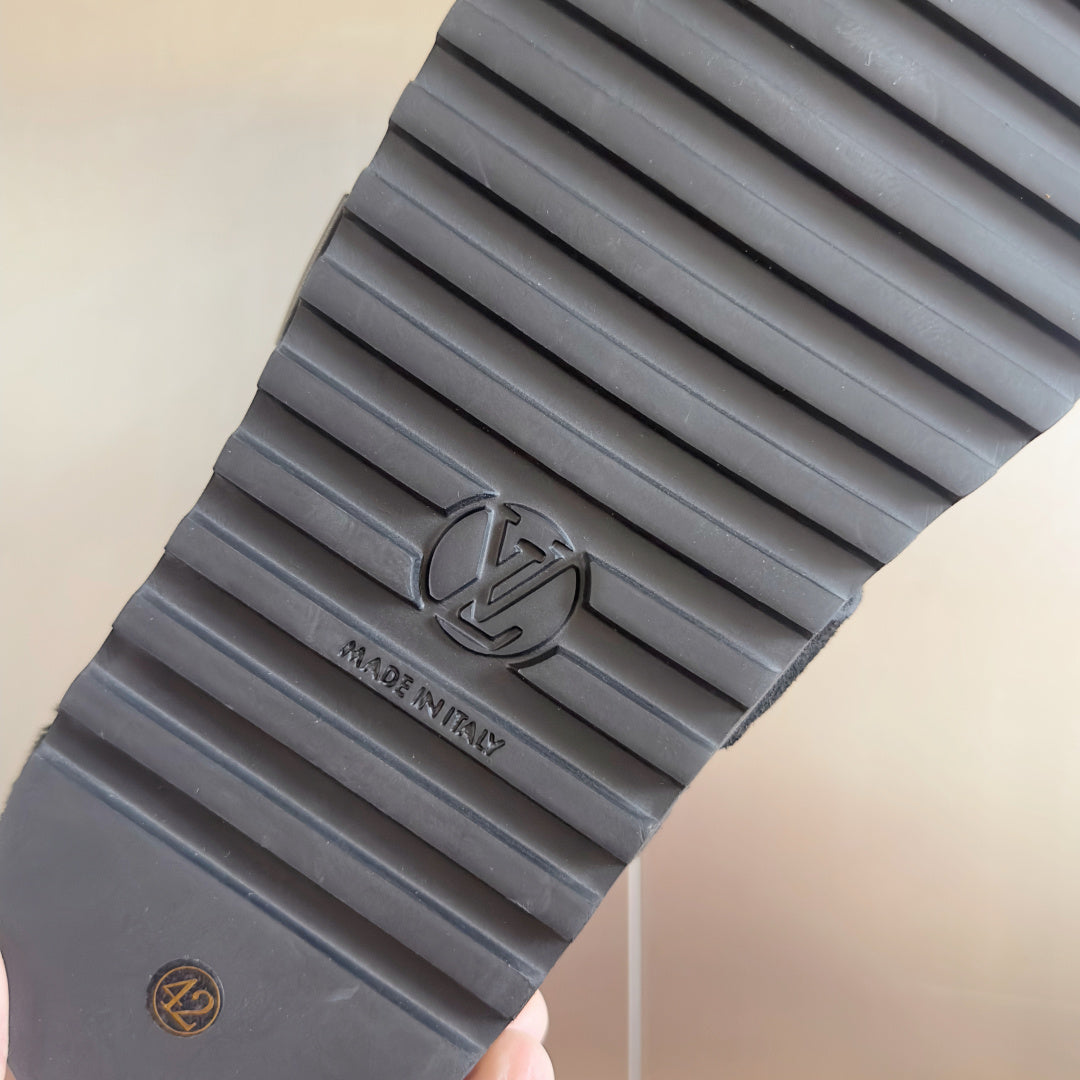 LV 25 Birkenstock Platform Slippers Navy Blue Suede Wool 576217