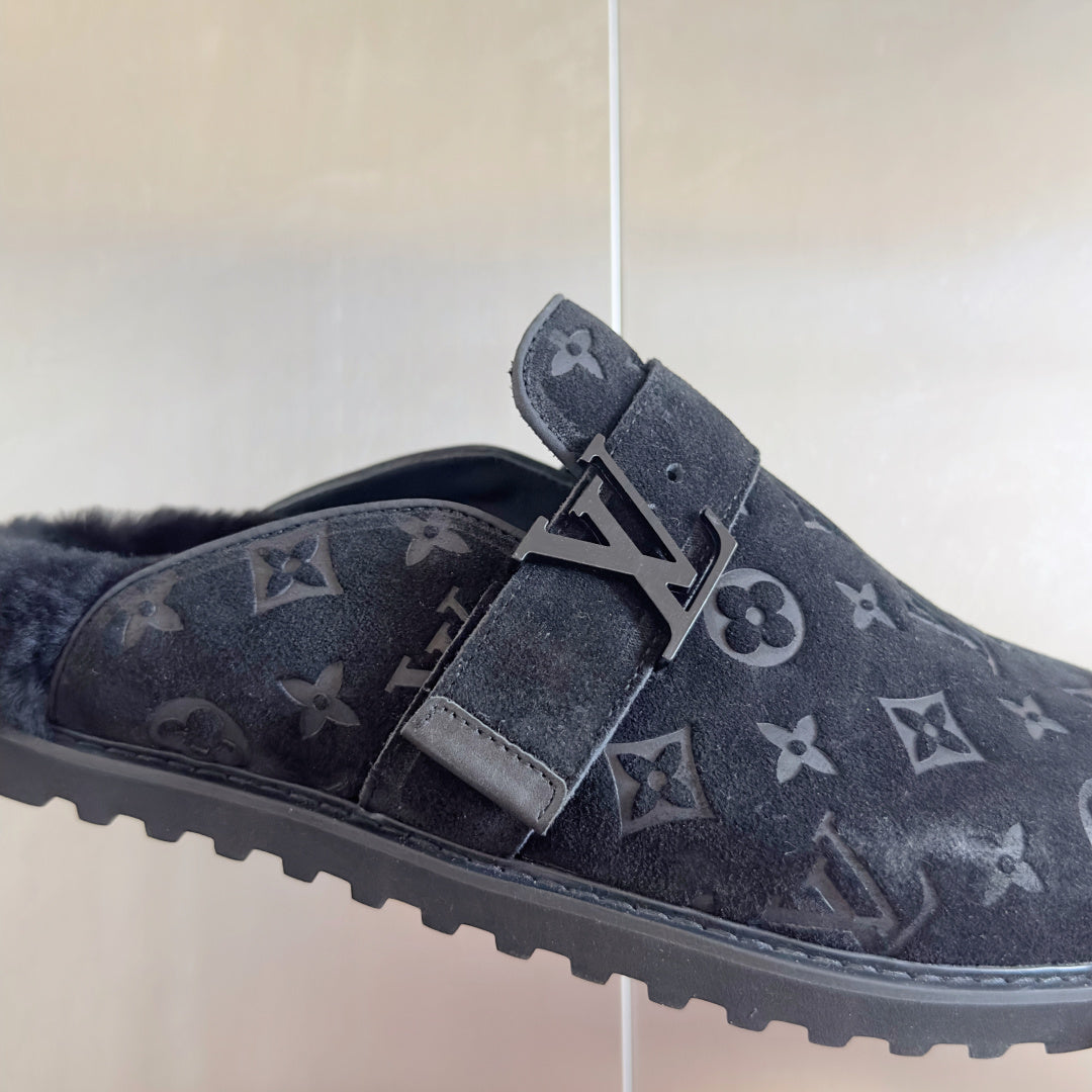 LV 25 Birkenstock Platform Slippers Navy Blue Suede Wool 576217