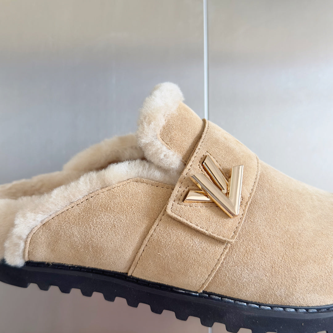 LV 25 Birkenstock Platform Slippers Light Beige Suede Wool 576218