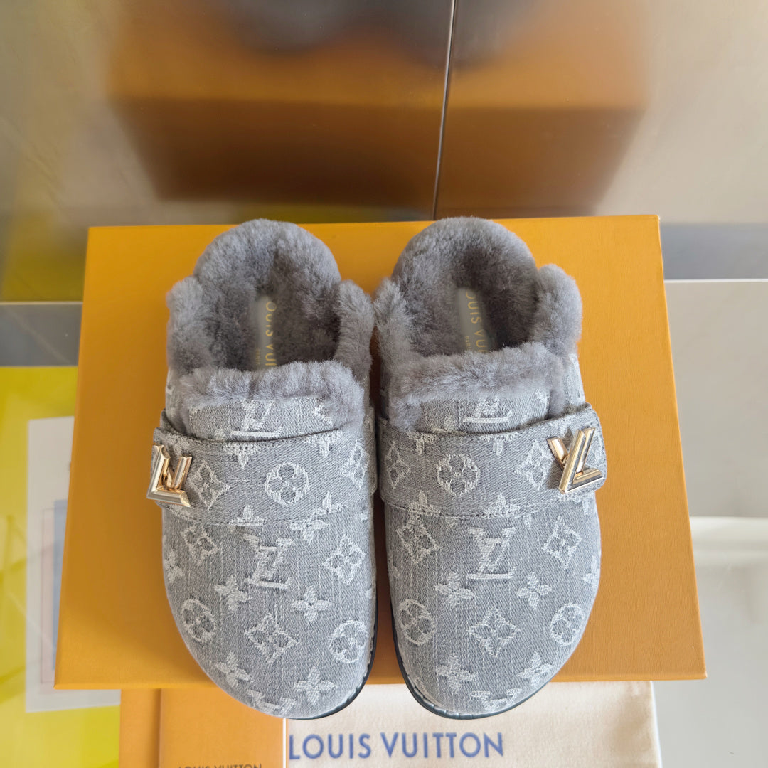 LV 25 Birkenstock Platform Slippers Gray Suede Wool 576219