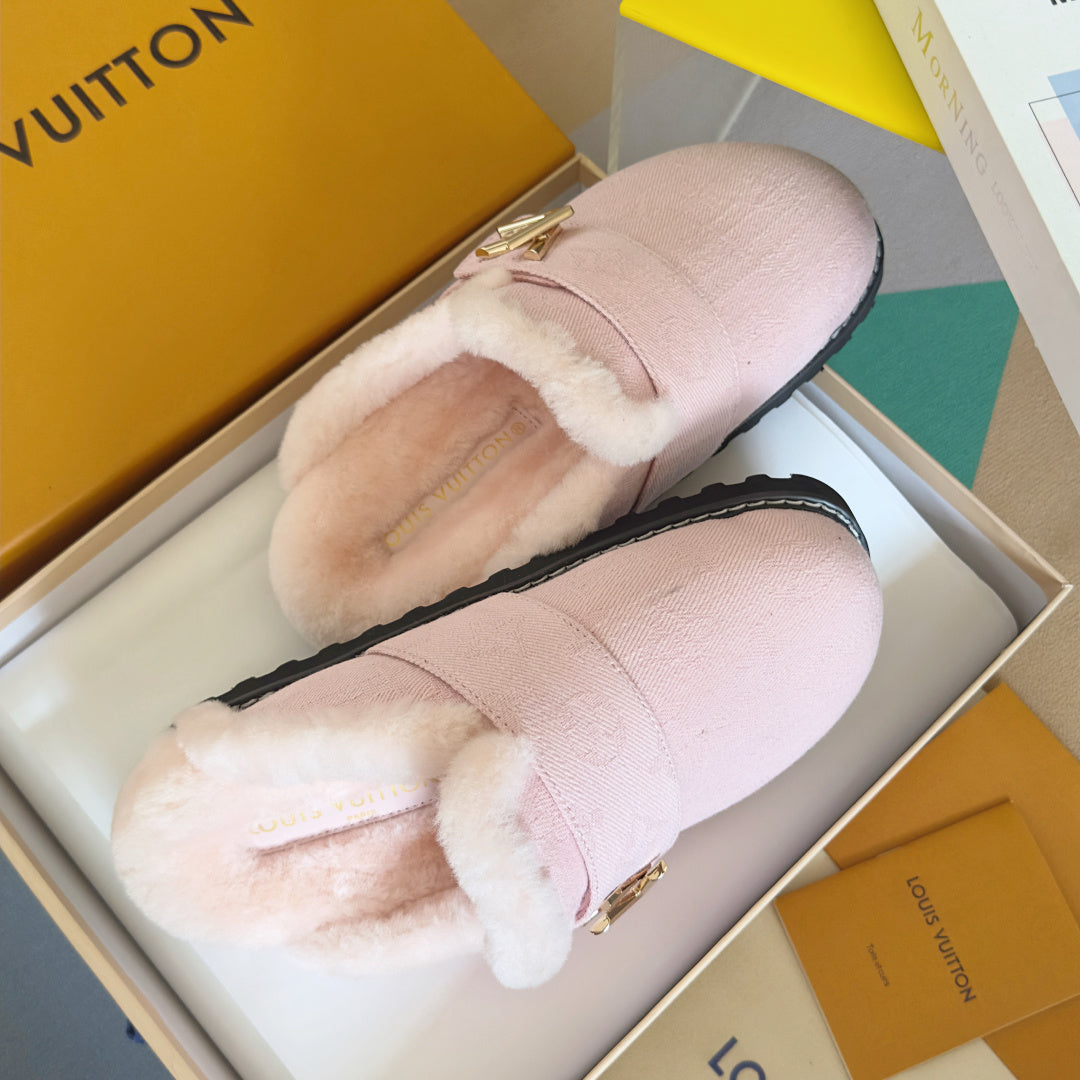 LV 25 Birkenstock Platform Slippers Light Pink Suede Wool 576220