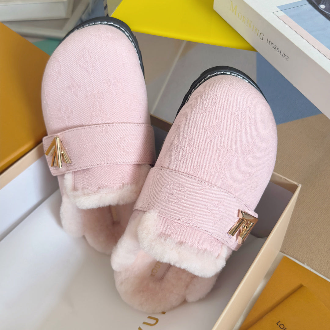 LV 25 Birkenstock Platform Slippers Light Pink Suede Wool 576220