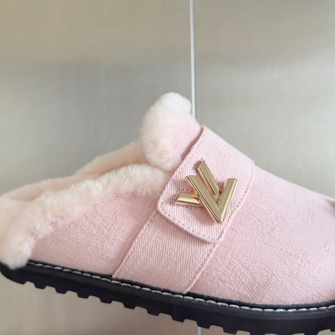 LV 25 Birkenstock Platform Slippers Light Pink Suede Wool 576220