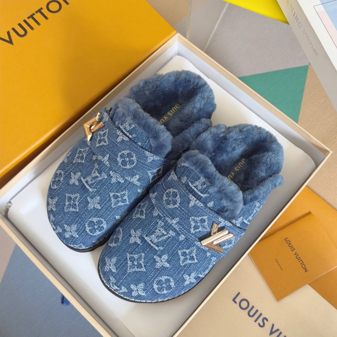 LV 25 Birkenstock Platform Slippers Blue Denim Wool 576222
