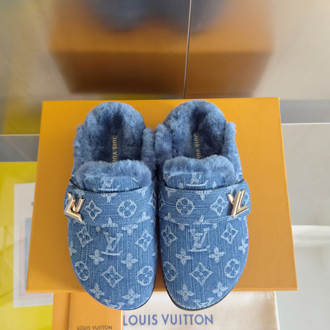 LV 25 Birkenstock Platform Slippers Blue Denim Wool 576222