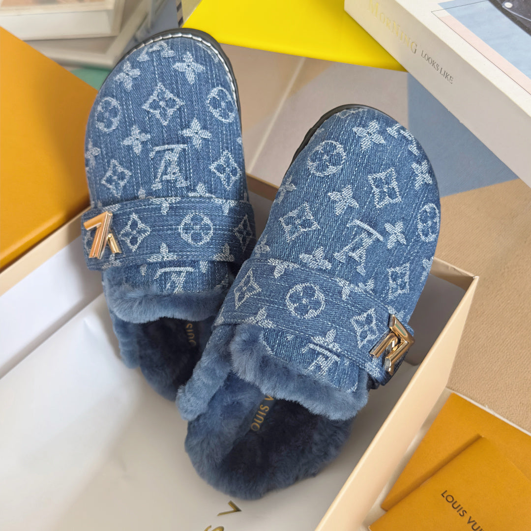 LV 25 Birkenstock Platform Slippers Blue Denim Wool 576222