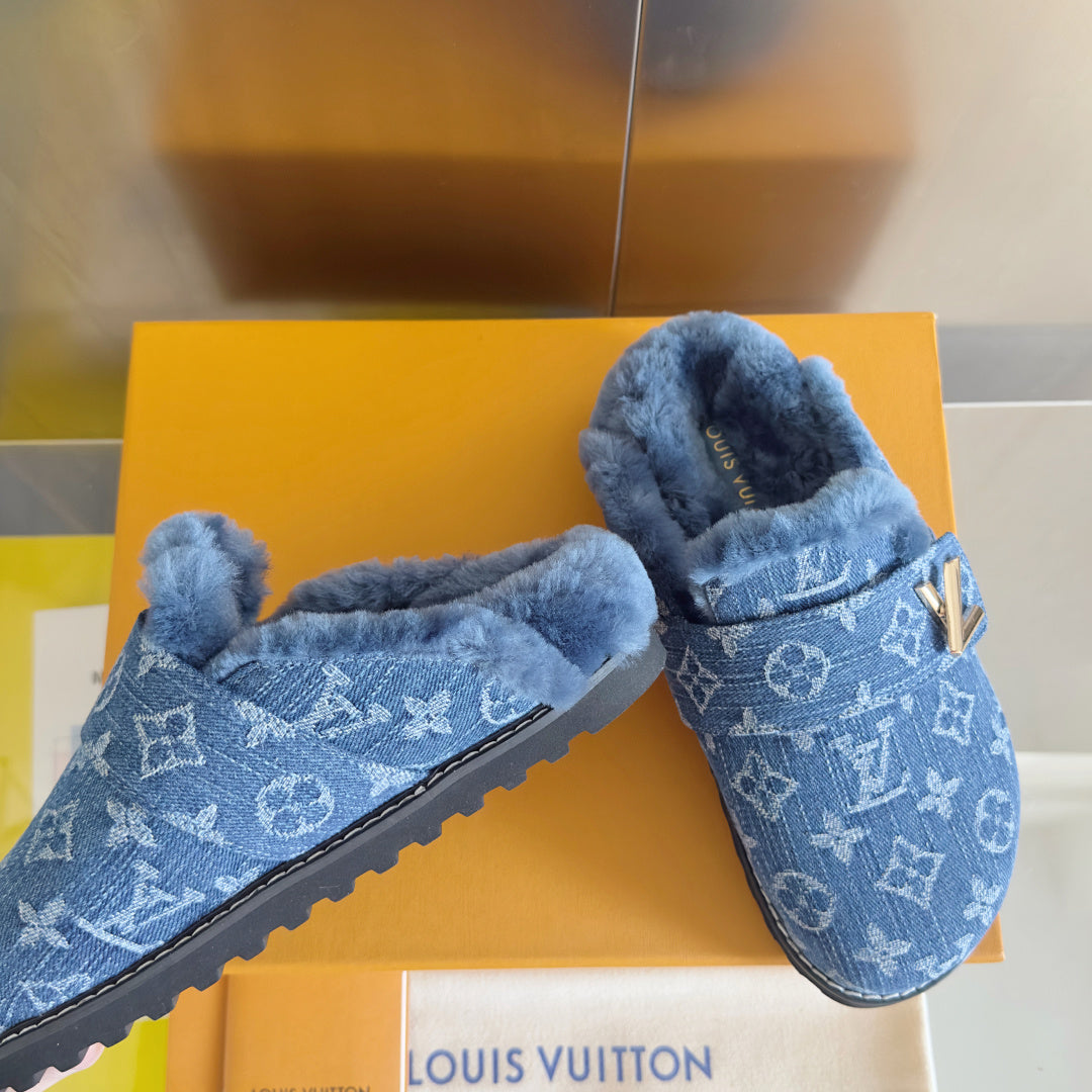 LV 25 Birkenstock Platform Slippers Blue Denim Wool 576222