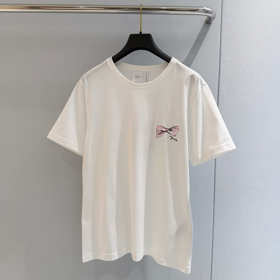 Dior 2026 Pink Bow T-shirt White Cotton 724425