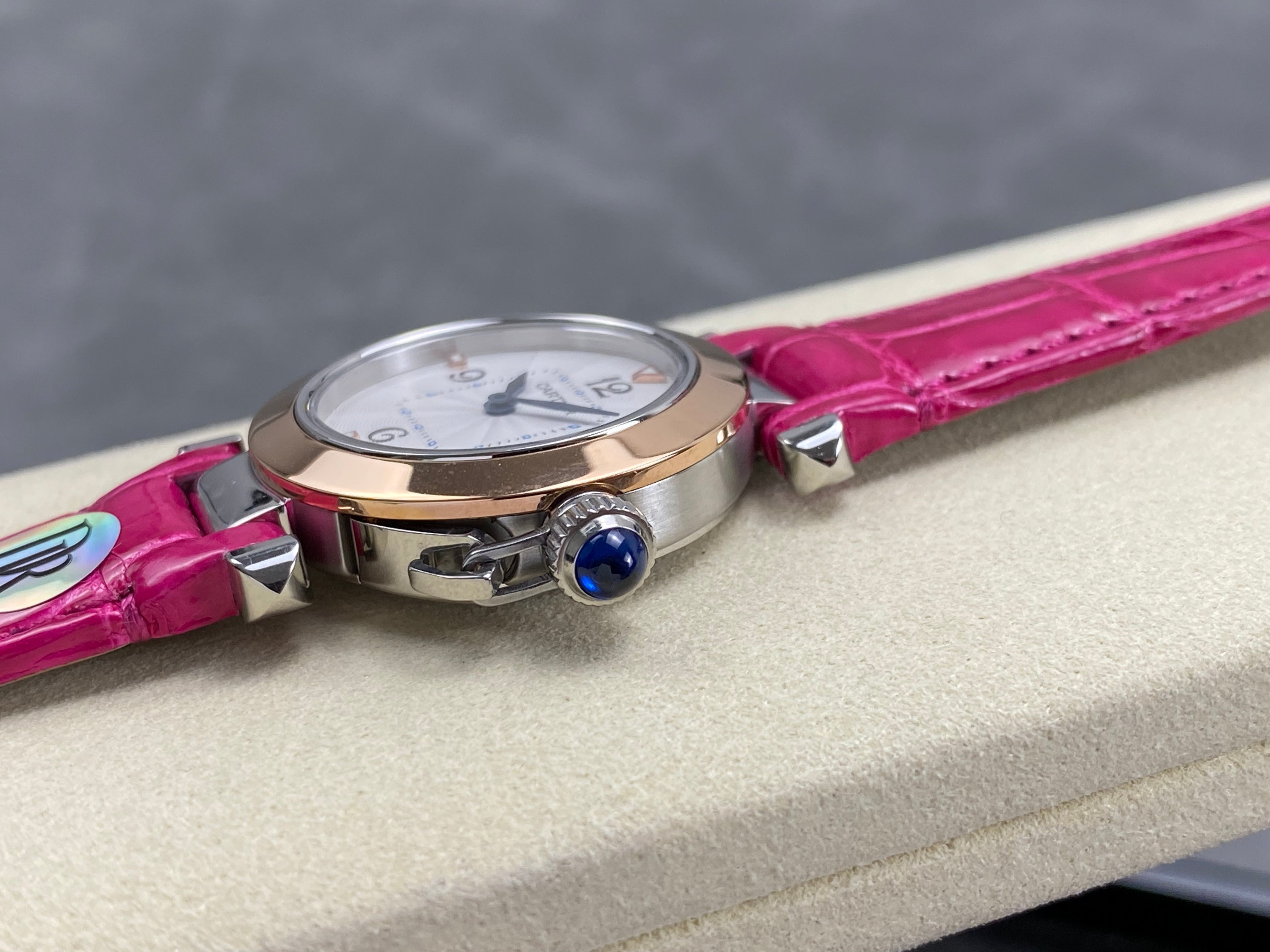 Cartier Pasha 30mm White Dial Pink Gold Case Crocodile Leather