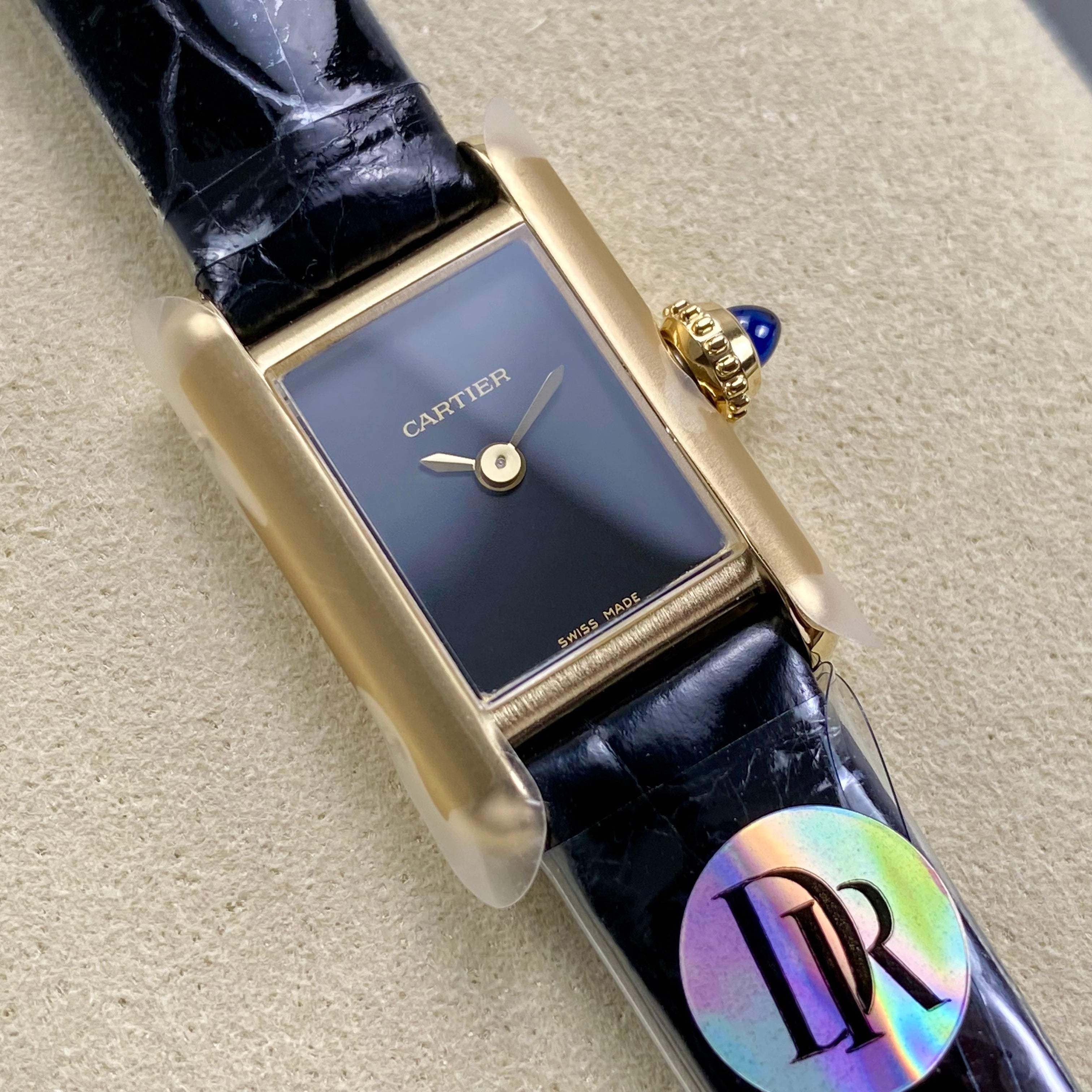 Cartier Tank 24mm Black Dial Gold Case Crocodile Leather