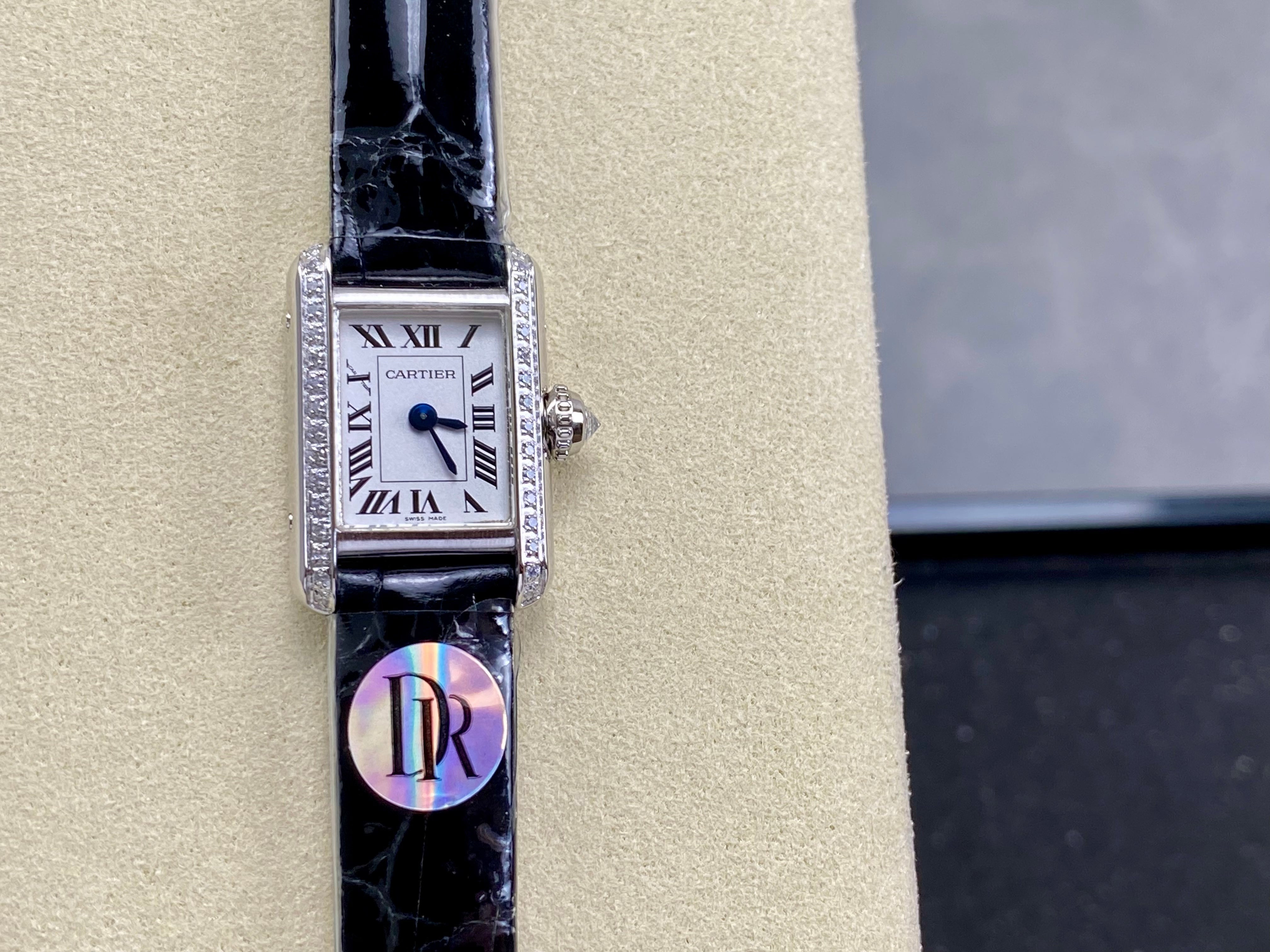 Cartier Tank 24mm White Dial Sliver Case Diamond Bezel Crocodile Leather