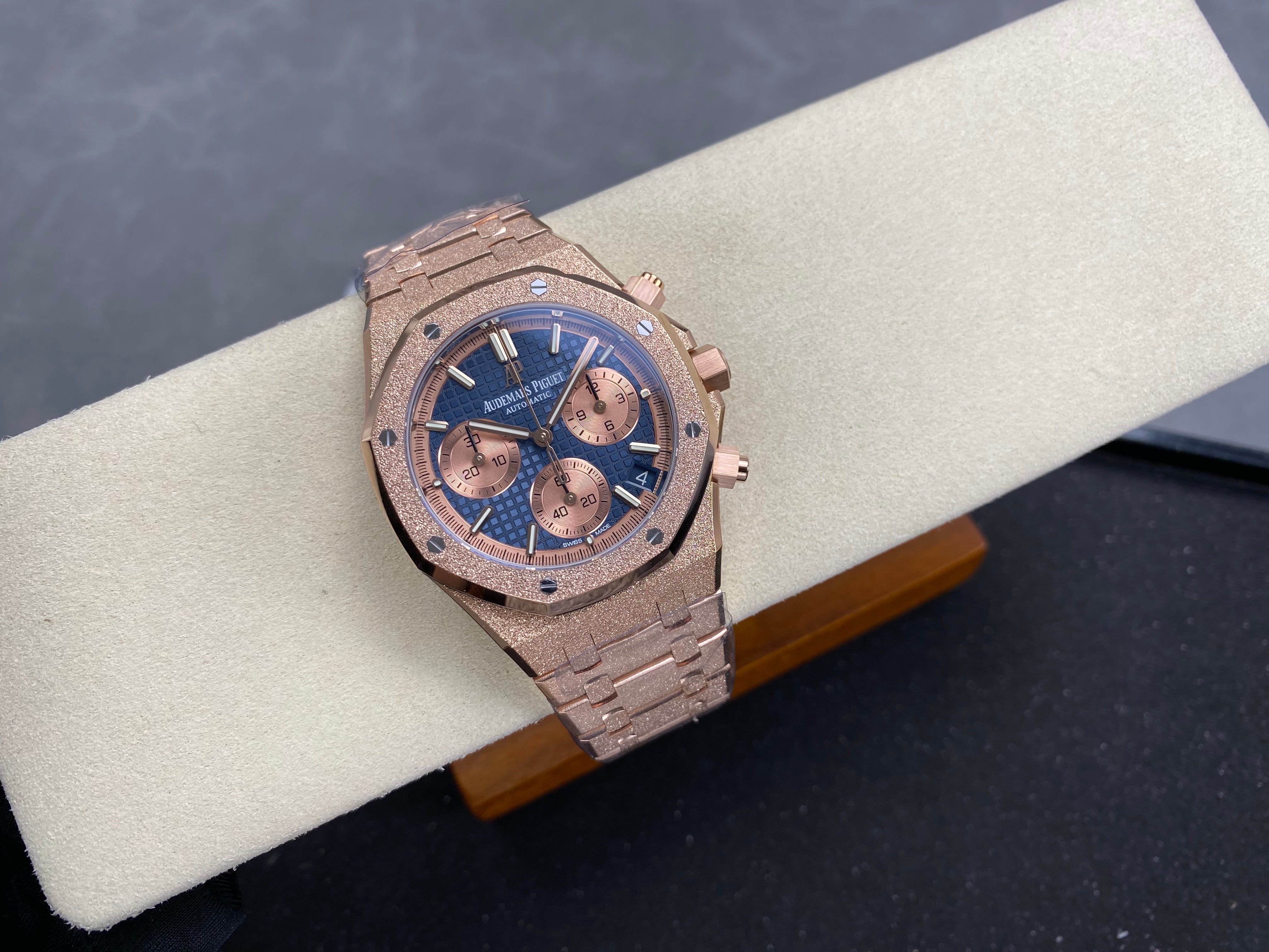 Audemars Piguet Royal Oak Chronograph 41mm Frosted Rose Gold Case Blue Dial