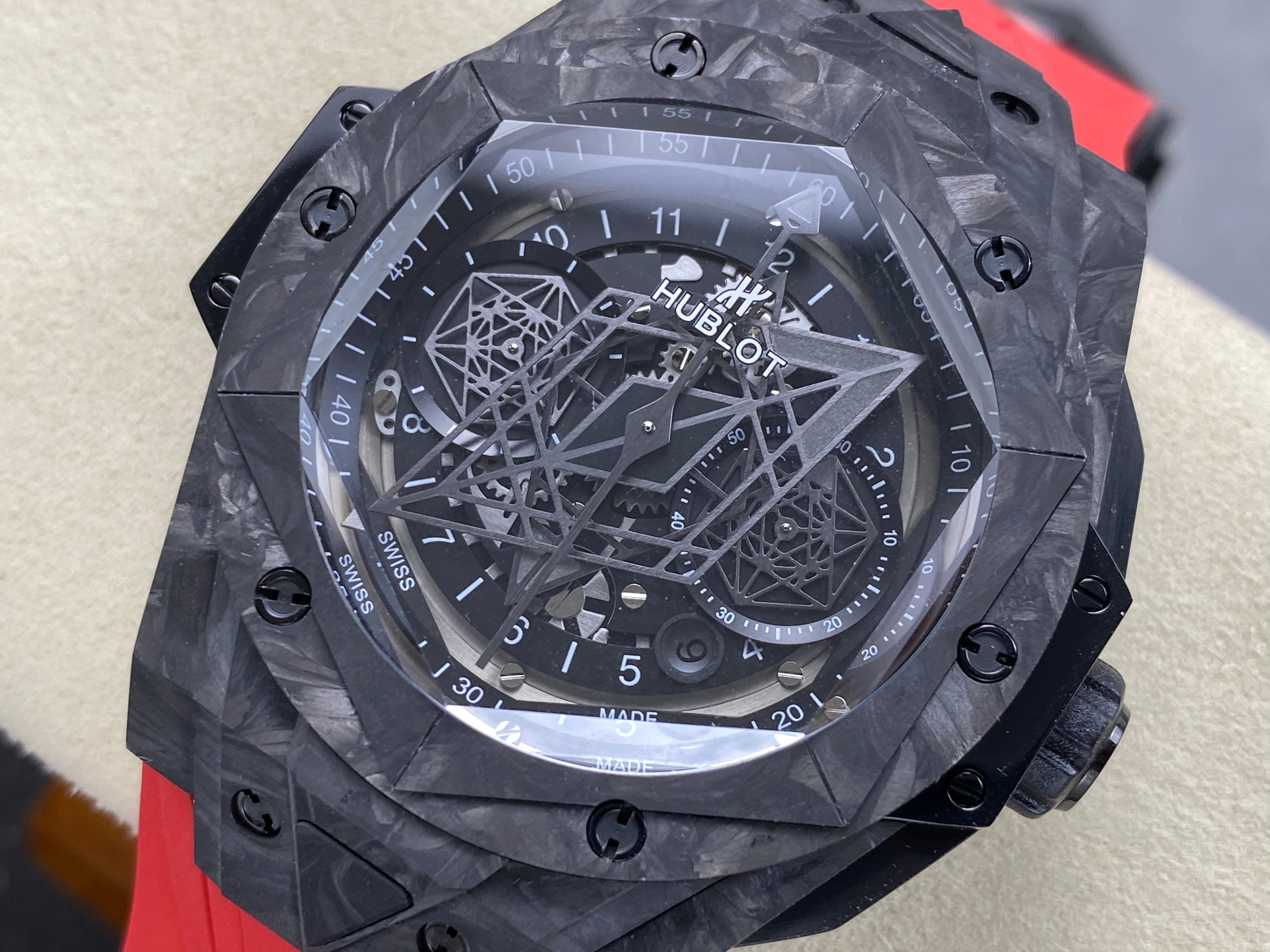 Hublot Big Bang Sang Bleu II Black Magic 45mm Watch Red Rubber Strap