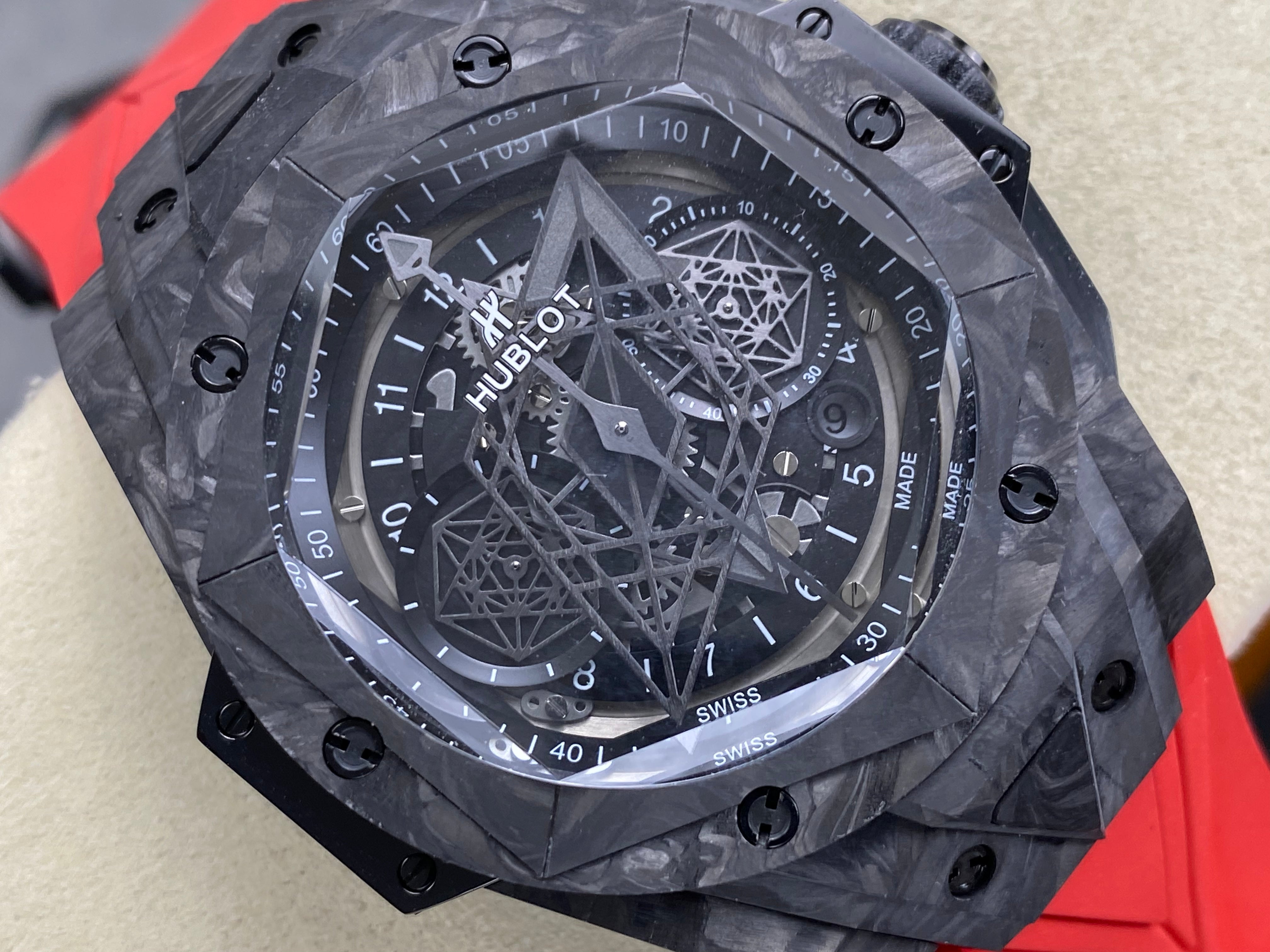 Hublot Big Bang Sang Bleu II Black Magic 45mm Watch Red Rubber Strap