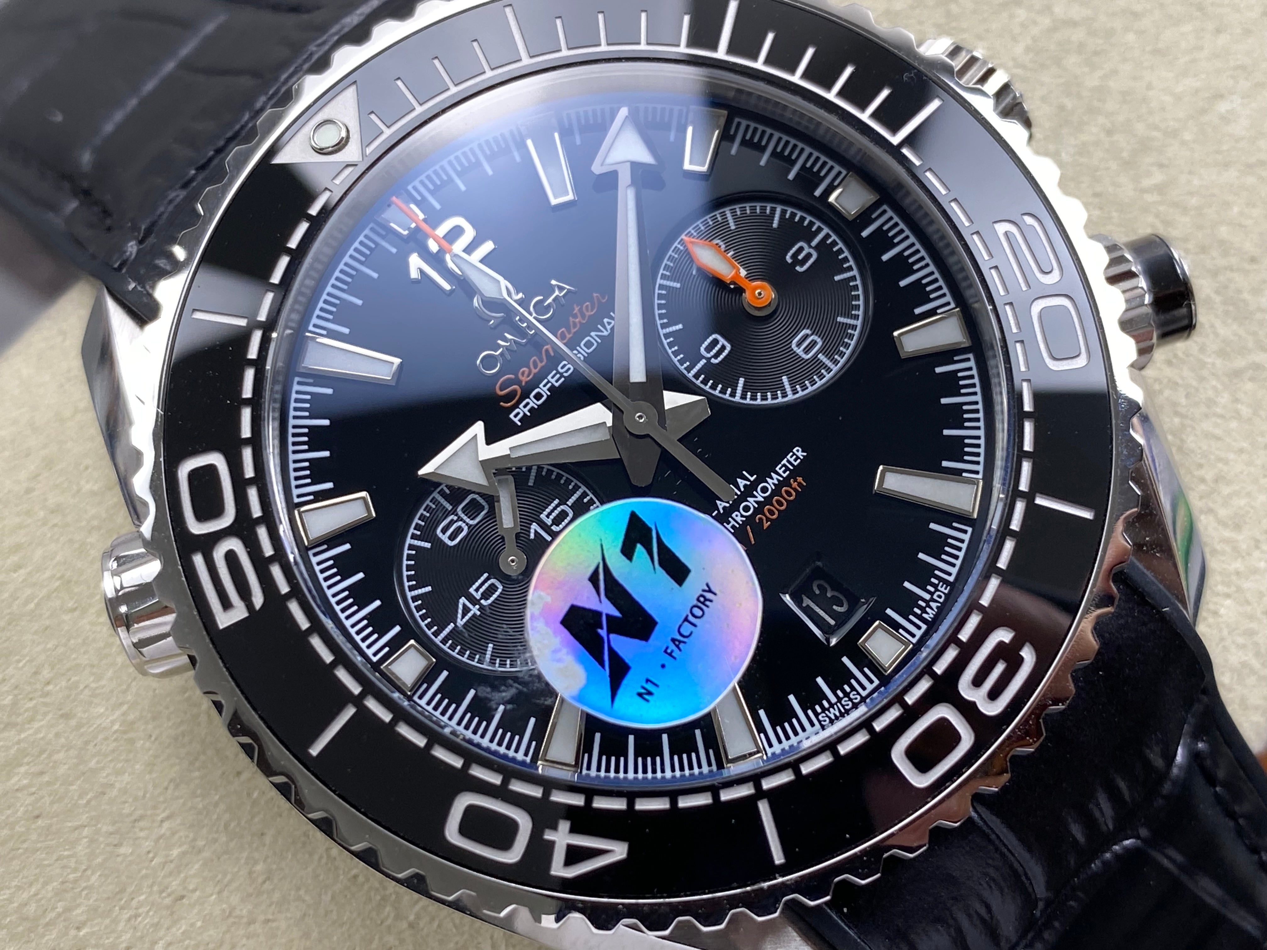 Omega Seamaster 46mm Black Dial Sliver Case Black Leather